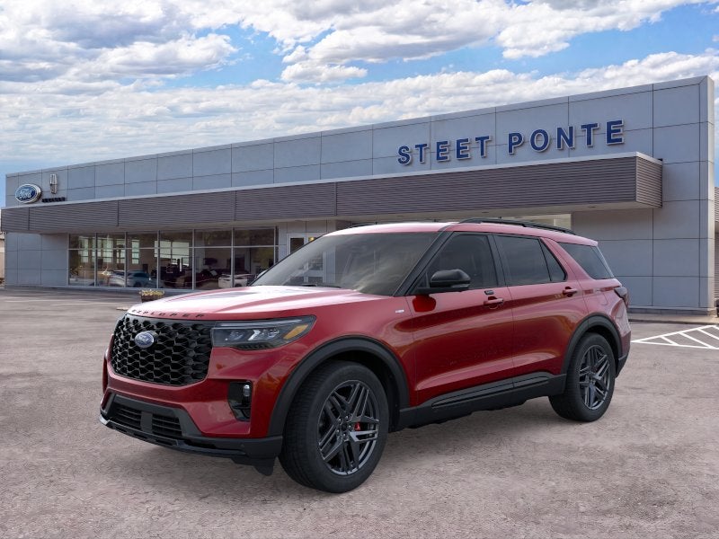2026 Ford Explorer ST-Line in Rapid Red — front three-quarter view