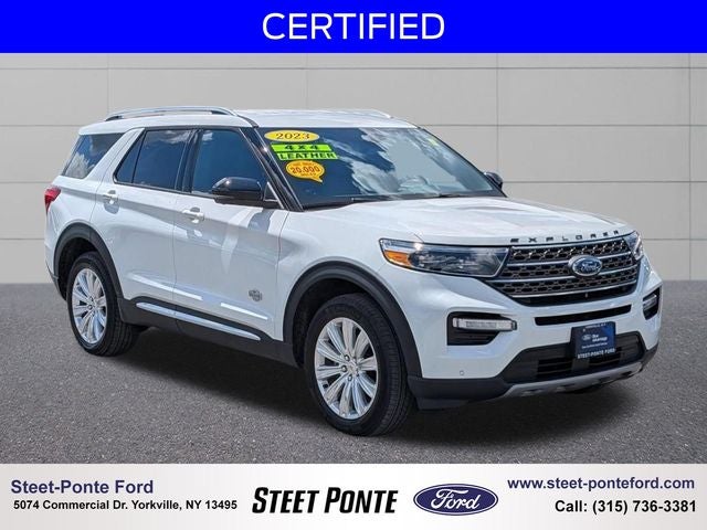 2023 Ford Explorer King Ranch in Star White Metallic Tri-Coat — front three-quarter view