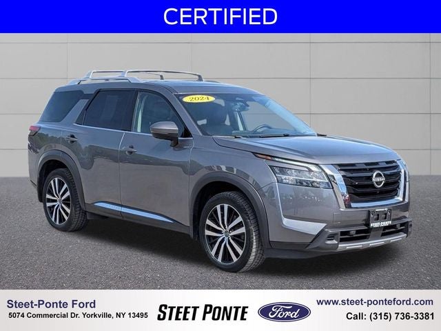 2024 Nissan Pathfinder Platinum in Gun Metallic — front three-quarter view