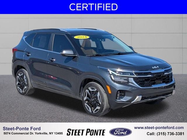 2024 Kia Seltos SX in Gravity Gray — front three-quarter view